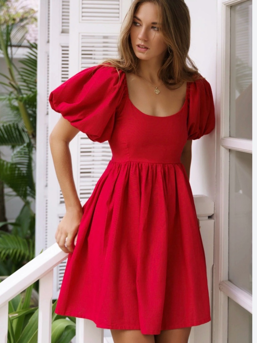 NWT Elly Made by Hand Red Linen Puff Sleeve Babydoll Dress Bali Handmade